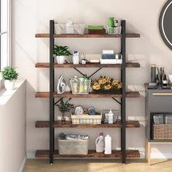 Frailey 72.83 in. Rustic Brown and Black Metal and Wood 5 Shelve Etagere Bookcase with Steel Frame and Open Back by TRIBESIGNS WAY TO ORIGIN -Deals Glitzhome Store black and brown tribesigns way to origin bookcases bookshelves hd sf0079b 1f 1000