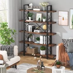 Frailey 72.83 in. Rustic Brown and Black Metal and Wood 5 Shelve Etagere Bookcase with Steel Frame and Open Back by TRIBESIGNS WAY TO ORIGIN -Deals Glitzhome Store black and brown tribesigns way to origin bookcases bookshelves hd sf0079b 31 1000