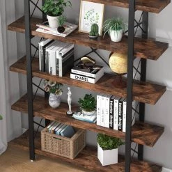 Frailey 72.83 in. Rustic Brown and Black Metal and Wood 5 Shelve Etagere Bookcase with Steel Frame and Open Back by TRIBESIGNS WAY TO ORIGIN -Deals Glitzhome Store black and brown tribesigns way to origin bookcases bookshelves hd sf0079b 44 1000