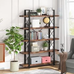 Frailey 72.83 in. Rustic Brown and Black Metal and Wood 5 Shelve Etagere Bookcase with Steel Frame and Open Back by TRIBESIGNS WAY TO ORIGIN -Deals Glitzhome Store black and brown tribesigns way to origin bookcases bookshelves hd sf0079b 4f 1000