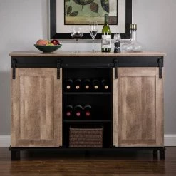 47.20 in. L Modern Industrial Black Wine Cabinet with with Natural Top and Sliding Doors by Glitzhome