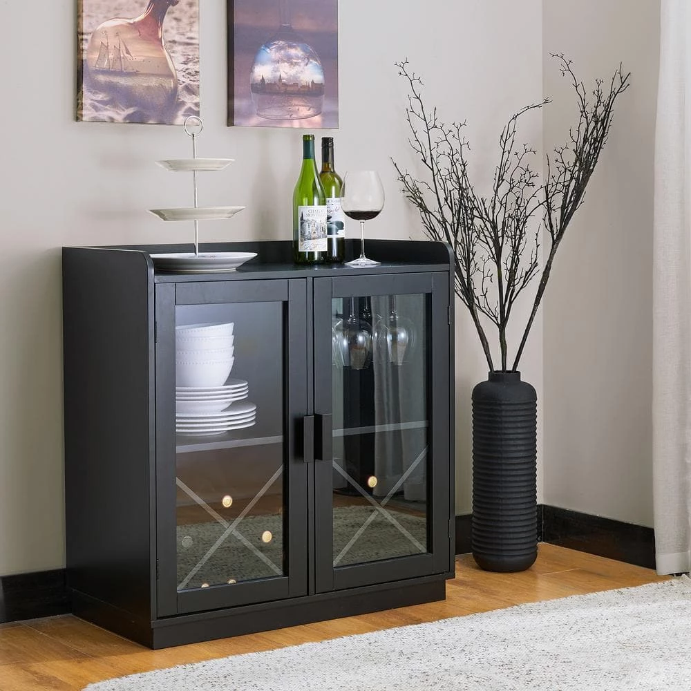 32.75 in. H Black Wine Cabibet with 1-Tier Shelf and 2 Glass Doors by Glitzhome 3 32.75 in. H Black Wine Cabibet with 1-Tier Shelf and 2 Glass Doors by Glitzhome