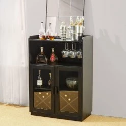 44.00 in. H Black Wine Cabibet with Wine Glass Hanging Rack by Glitzhome -Deals Glitzhome Store black glitzhome bar cabinets 2008600040 31 1000