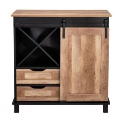 32.30 in. H Modern Industrial Black Wine Cabinet with Natural Top and Sliding Door by Glitzhome