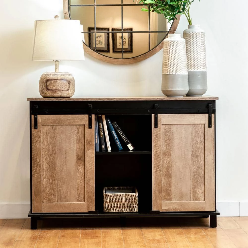 47.25 in. L Modern Industrial Black Wine Cabinet Large Sideboard with Natural Top and Sliding Doors. by Glitzhome 9 47.25 in. L Modern Industrial Black Wine Cabinet Large Sideboard with Natural Top and Sliding Doors. by Glitzhome - Image 7