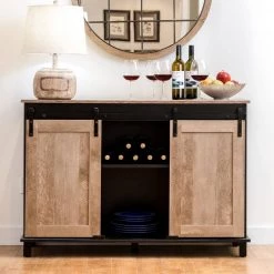 47.25 in. L Modern Industrial Black Wine Cabinet Large Sideboard with Natural Top and Sliding Doors. by Glitzhome