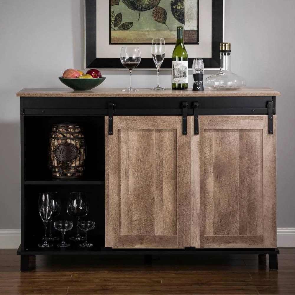47.25 in. L Modern Industrial Black Wine Cabinet Large Sideboard with Natural Top and Sliding Doors. by Glitzhome 5 47.25 in. L Modern Industrial Black Wine Cabinet Large Sideboard with Natural Top and Sliding Doors. by Glitzhome - Image 3