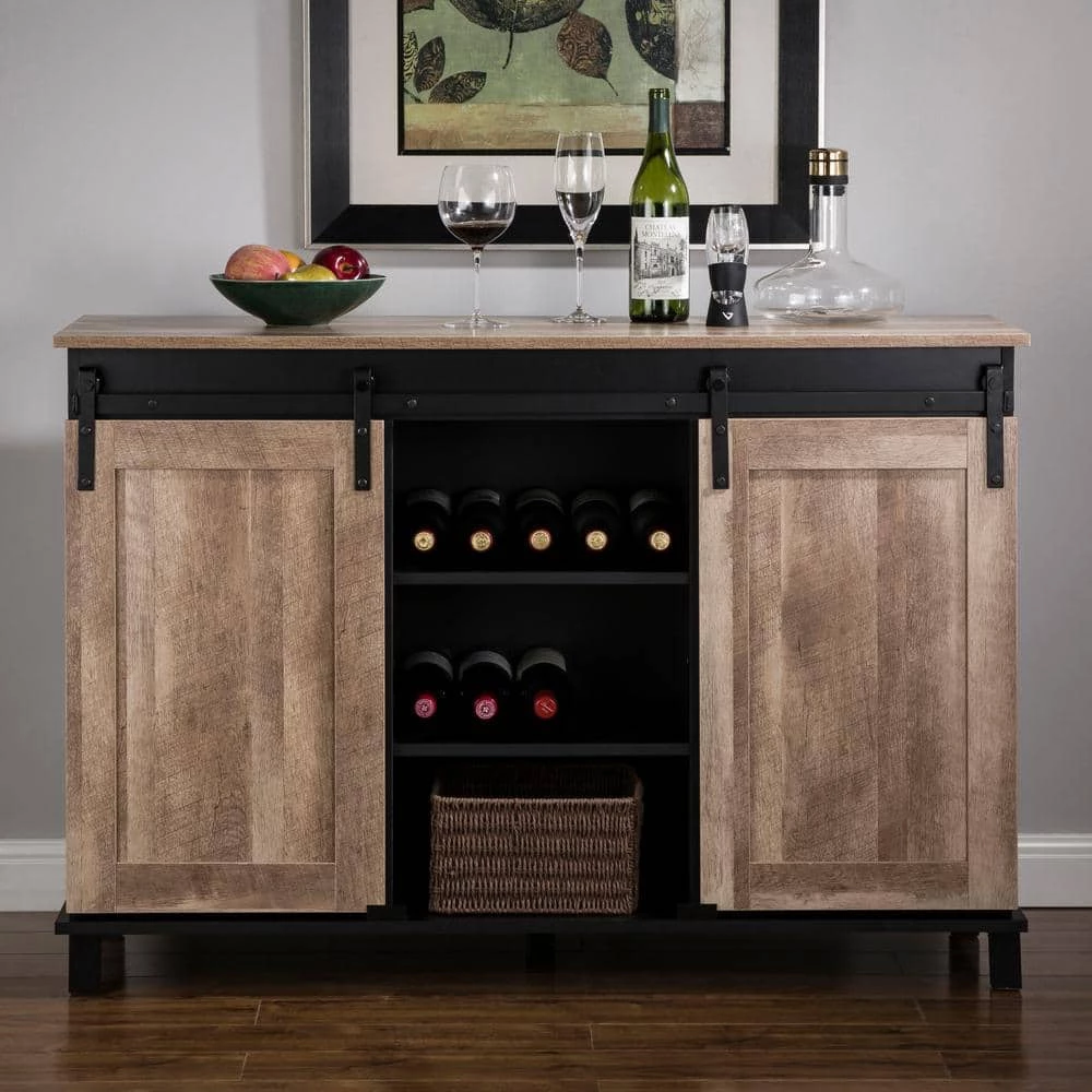 47.25 in. L Modern Industrial Black Wine Cabinet Large Sideboard with Natural Top and Sliding Doors. by Glitzhome 4 47.25 in. L Modern Industrial Black Wine Cabinet Large Sideboard with Natural Top and Sliding Doors. by Glitzhome - Image 2