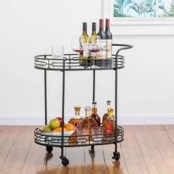 30.75 in. H Black Deluxe 2-Tier Metal Oval Mirrored Bar Cart by Glitzhome