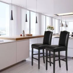 45.00 in. H Black Leatherette Barchair with Studded Decoration High Back Solid Rubberwood Legs (Set of 4) by Glitzhome -Deals Glitzhome Store black glitzhome bar stools 2000700013 31 1000
