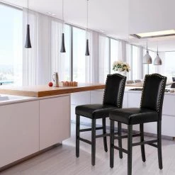 45.00 in. H Black Leatherette Barchair with Studded Decoration Back and Black Solid Rubberwood Legs (Set of 2) by Glitzhome -Deals Glitzhome Store black glitzhome bar stools 2000900001 31 1000