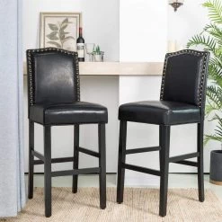 45.00 in. H Black Leatherette Barchair with Studded Decoration Back and Black Solid Rubberwood Legs (Set of 2) by Glitzhome