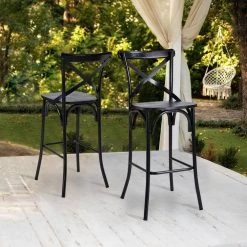 43.00 in. H Black Steel Bar Stool with Solid Elm Wood Seat and High Back Support (Set of 2) by Glitzhome -Deals Glitzhome Store black glitzhome bar stools 2026400001 31 1000