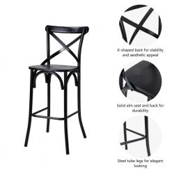43.00 in. H Black Steel Bar Stool with Solid Elm Wood Seat and High Back Support (Set of 2) by Glitzhome -Deals Glitzhome Store black glitzhome bar stools 2026400001 c3 1000