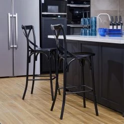 43.00 in. H Black Steel Bar Stool with Solid Elm Wood Seat and High Back Support (Set of 2) by Glitzhome -Deals Glitzhome Store black glitzhome bar stools 2026400001 e1 1000