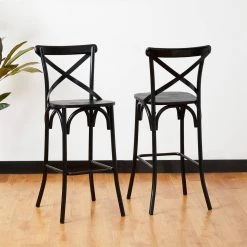 43.00 in. H Black Steel Bar Stool with Solid Elm Wood Seat and High Back Support (Set of 2) by Glitzhome -Deals Glitzhome Store black glitzhome bar stools 2026400001 fa 1000