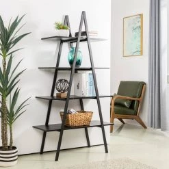 64.5 in. H Modern Industrial Black Oak Melamine Metal 4-shelves Leaning Bookcases and Ladder - Shelf by Glitzhome -Deals Glitzhome Store black glitzhome bookcases bookshelves 2008600011 31 1000