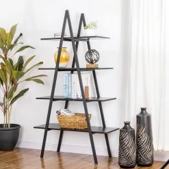64.5 in. H Modern Industrial Black Oak Melamine Metal 4-shelves Leaning Bookcases and Ladder - Shelf by Glitzhome