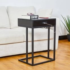 26 in.H Black Modern Industry Metal/Wooden "C" Side & End Table With 2 USB Charging Ports - Oak Melamine by Glitzhome