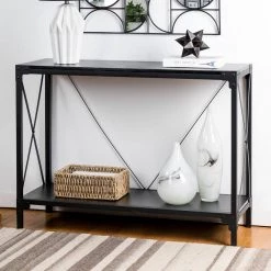 43.25 in. L Rectangle Black Modern Industry Metal/Wooden Brown Console Table - Oak Melamine by Glitzhome