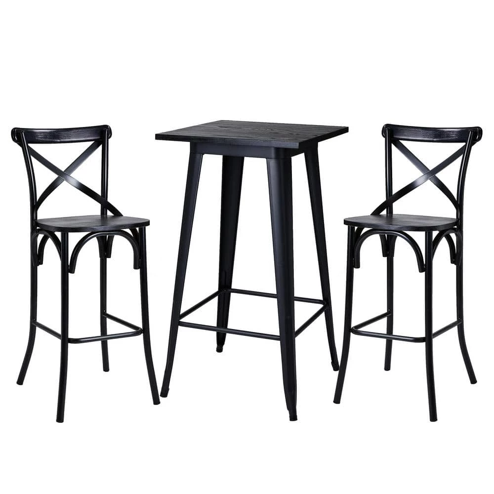 3-Piece Black Pub Table and Bar Chair Set by Glitzhome 3 3-Piece Black Pub Table and Bar Chair Set by Glitzhome