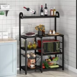 Dexter Black 5 Shelves Bakers Rack with Bottle Storage Basket and 6 Hooks by TRIBESIGNS WAY TO ORIGIN -Deals Glitzhome Store black tribesigns way to origin baker s racks hd c0460 1f 1000
