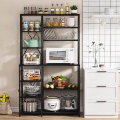 Bachel Contemporary Black Kitchen Baker's Rack with Open Shelves and Hanging Hooks by TRIBESIGNS WAY TO ORIGIN 15 Bachel Contemporary Black Kitchen Baker's Rack with Open Shelves and Hanging Hooks by TRIBESIGNS WAY TO ORIGIN -Deals Glitzhome Store black tribesigns way to origin baker s racks hd sf0187b 31 1000