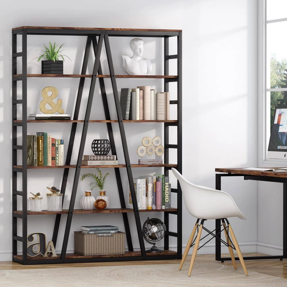 Jannelly 47.24 in W Rustic Brown Metal Frame 6 tier Radial Shelves Bookcase Storage Rack Plant Stand by TRIBESIGNS WAY TO ORIGIN 5 Jannelly 47.24 in W Rustic Brown Metal Frame 6 tier Radial Shelves Bookcase Storage Rack Plant Stand by TRIBESIGNS WAY TO ORIGIN - Image 3