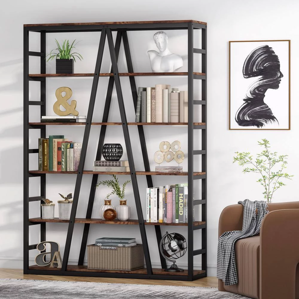 Jannelly 47.24 in W Rustic Brown Metal Frame 6 tier Radial Shelves Bookcase Storage Rack Plant Stand by TRIBESIGNS WAY TO ORIGIN 8 Jannelly 47.24 in W Rustic Brown Metal Frame 6 tier Radial Shelves Bookcase Storage Rack Plant Stand by TRIBESIGNS WAY TO ORIGIN - Image 6