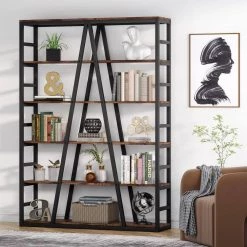 Jannelly 47.24 in W Rustic Brown Metal Frame 6 tier Radial Shelves Bookcase Storage Rack Plant Stand by TRIBESIGNS WAY TO ORIGIN 23 Jannelly 47.24 in W Rustic Brown Metal Frame 6 tier Radial Shelves Bookcase Storage Rack Plant Stand by TRIBESIGNS WAY TO ORIGIN -Deals Glitzhome Store black tribesigns way to origin bookcases bookshelves hd f1383 wzz 77 1000