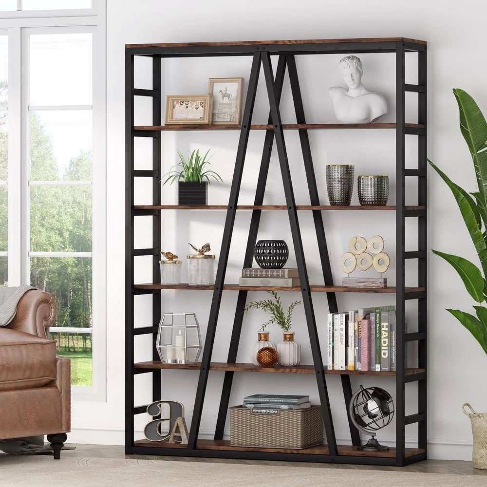 Jannelly 47.24 in W Rustic Brown Metal Frame 6 tier Radial Shelves Bookcase Storage Rack Plant Stand by TRIBESIGNS WAY TO ORIGIN 10 Jannelly 47.24 in W Rustic Brown Metal Frame 6 tier Radial Shelves Bookcase Storage Rack Plant Stand by TRIBESIGNS WAY TO ORIGIN - Image 8