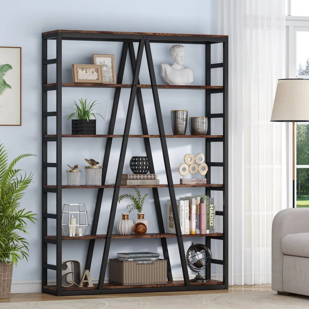 Jannelly 47.24 in W Rustic Brown Metal Frame 6 tier Radial Shelves Bookcase Storage Rack Plant Stand by TRIBESIGNS WAY TO ORIGIN 4 Jannelly 47.24 in W Rustic Brown Metal Frame 6 tier Radial Shelves Bookcase Storage Rack Plant Stand by TRIBESIGNS WAY TO ORIGIN - Image 2