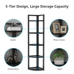 Charlie 59 in. Black Wood and Metal Frame 5-Shelf Radial Corner Shelf Bookshelf Storage Rack Plant Stand 5-Tiers by TRIBESIGNS WAY TO ORIGIN -Deals Glitzhome Store black tribesigns way to origin bookcases bookshelves hd sfc0129 4f 1000