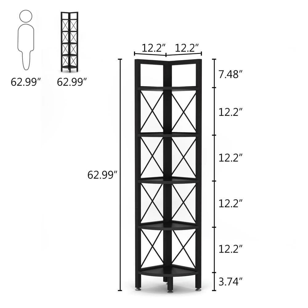 Halsey 63 in. Black Wood and Metal Frame 5-Shelf Radial Corner Shelf Bookcase Storage Rack Plant Stand 5-Tiers by TRIBESIGNS WAY TO ORIGIN 7 Halsey 63 in. Black Wood and Metal Frame 5-Shelf Radial Corner Shelf Bookcase Storage Rack Plant Stand 5-Tiers by TRIBESIGNS WAY TO ORIGIN - Image 5