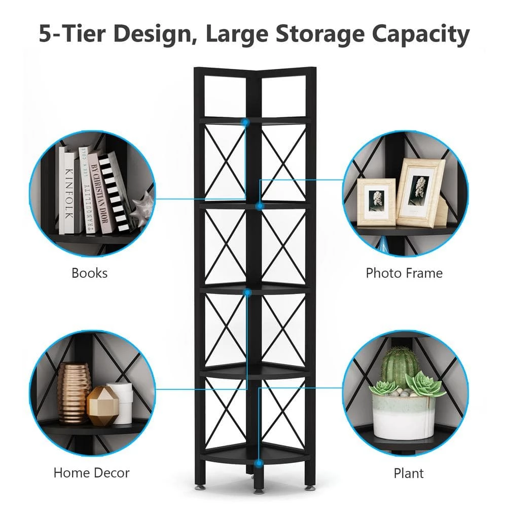 Halsey 63 in. Black Wood and Metal Frame 5-Shelf Radial Corner Shelf Bookcase Storage Rack Plant Stand 5-Tiers by TRIBESIGNS WAY TO ORIGIN 5 Halsey 63 in. Black Wood and Metal Frame 5-Shelf Radial Corner Shelf Bookcase Storage Rack Plant Stand 5-Tiers by TRIBESIGNS WAY TO ORIGIN - Image 3