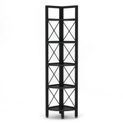 Halsey 63 in. Black Wood and Metal Frame 5-Shelf Radial Corner Shelf Bookcase Storage Rack Plant Stand 5-Tiers by TRIBESIGNS WAY TO ORIGIN