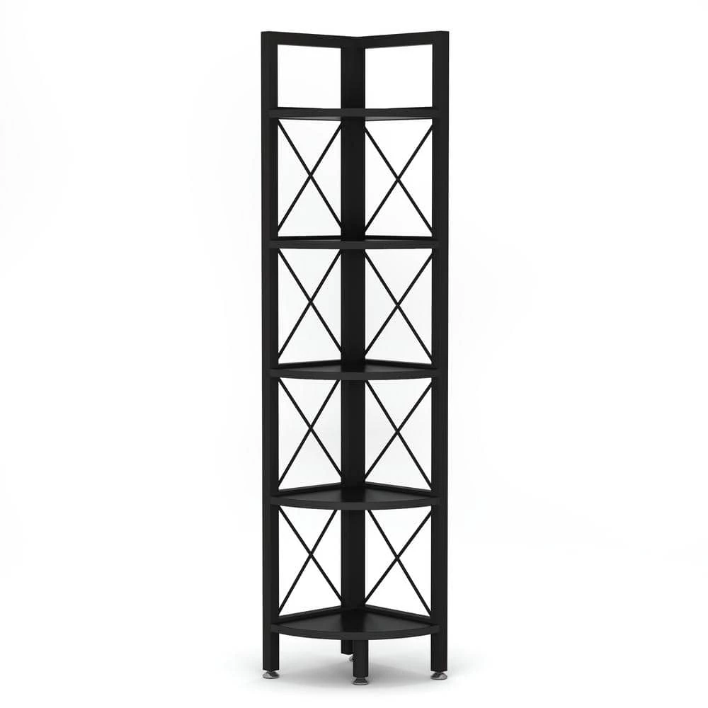 Halsey 63 in. Black Wood and Metal Frame 5-Shelf Radial Corner Shelf Bookcase Storage Rack Plant Stand 5-Tiers by TRIBESIGNS WAY TO ORIGIN 3 Halsey 63 in. Black Wood and Metal Frame 5-Shelf Radial Corner Shelf Bookcase Storage Rack Plant Stand 5-Tiers by TRIBESIGNS WAY TO ORIGIN