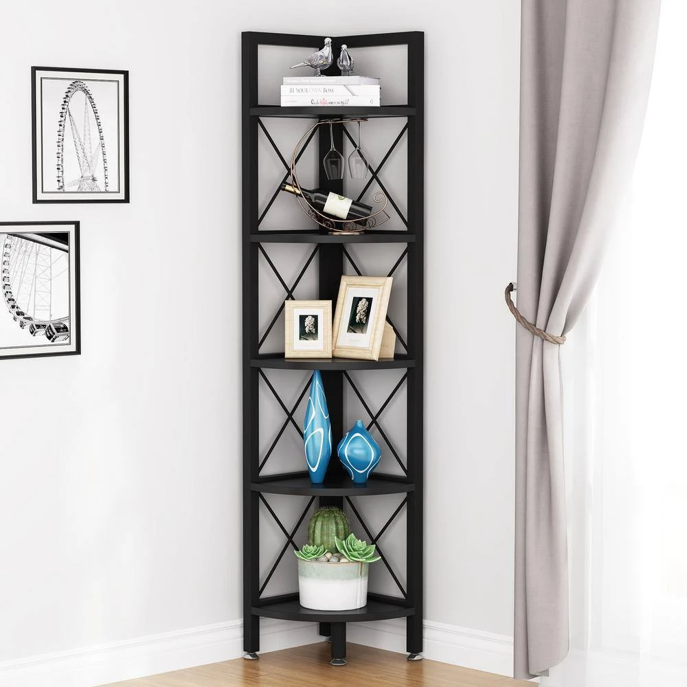 Halsey 63 in. Black Wood and Metal Frame 5-Shelf Radial Corner Shelf Bookcase Storage Rack Plant Stand 5-Tiers by TRIBESIGNS WAY TO ORIGIN 4 Halsey 63 in. Black Wood and Metal Frame 5-Shelf Radial Corner Shelf Bookcase Storage Rack Plant Stand 5-Tiers by TRIBESIGNS WAY TO ORIGIN - Image 2
