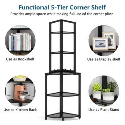 Taylor 60 in. Black Wood and Metal Frame 5-Shelf Radial Corner Shelf Bookcase Storage Rack Plant Stand 5-Tiers by TRIBESIGNS WAY TO ORIGIN -Deals Glitzhome Store black tribesigns way to origin bookcases bookshelves hd sff1464 1f 1000