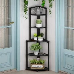 Taylor 60 in. Black Wood and Metal Frame 5-Shelf Radial Corner Shelf Bookcase Storage Rack Plant Stand 5-Tiers by TRIBESIGNS WAY TO ORIGIN