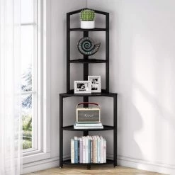 Taylor 60 in. Black Wood and Metal Frame 5-Shelf Radial Corner Shelf Bookcase Storage Rack Plant Stand 5-Tiers by TRIBESIGNS WAY TO ORIGIN -Deals Glitzhome Store black tribesigns way to origin bookcases bookshelves hd sff1464 c3 1000