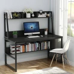 Sally 55 in. Rectangular Black Metal and Black Particle Wood Board Top Computer Desk with Monitor Stand Hutch Bookshelf by TRIBESIGNS WAY TO ORIGIN -Deals Glitzhome Store black tribesigns way to origin computer desks hd c0118 31 1000
