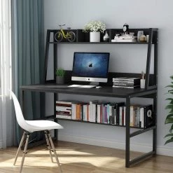 Sally 55 in. Rectangular Black Metal and Black Particle Wood Board Top Computer Desk with Monitor Stand Hutch Bookshelf by TRIBESIGNS WAY TO ORIGIN -Deals Glitzhome Store black tribesigns way to origin computer desks hd c0118 c3 1000
