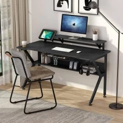 Annie 47 in. Retangular Black Carbon Fiber Texture MDF Computer Desk with Monitor Stand Riser by TRIBESIGNS WAY TO ORIGIN -Deals Glitzhome Store black tribesigns way to origin computer desks hd c0154 31 1000
