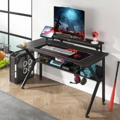 Annie 47 in. Retangular Black Carbon Fiber Texture MDF Computer Desk with Monitor Stand Riser by TRIBESIGNS WAY TO ORIGIN -Deals Glitzhome Store black tribesigns way to origin computer desks hd c0154 4f 1000