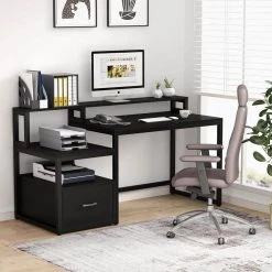 Matt 59 in. Rectangular Black Metal Black Particle Board Wood 1 File Drawer Computer Desk with Monitor Stand and Shelf by TRIBESIGNS WAY TO ORIGIN -Deals Glitzhome Store black tribesigns way to origin computer desks hd c0283 31 1000