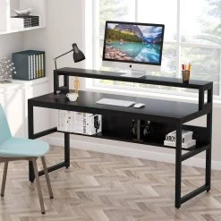 Meghan 55 in. Rectangular Black Metal and Particle Wood Board Top Computer Desk with Monitor Stand and Shelf by TRIBESIGNS WAY TO ORIGIN -Deals Glitzhome Store black tribesigns way to origin computer desks hd c0350 77 1000