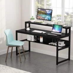Meghan 55 in. Rectangular Black Metal and Particle Wood Board Top Computer Desk with Monitor Stand and Shelf by TRIBESIGNS WAY TO ORIGIN -Deals Glitzhome Store black tribesigns way to origin computer desks hd c0350 c3 1000