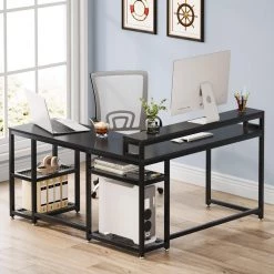 Malone 59 in. L-Shape Black Metal Particle Board Wood Top Corner Computer Desk with Monitor Stand Rotating Shelves by TRIBESIGNS WAY TO ORIGIN -Deals Glitzhome Store black tribesigns way to origin computer desks hd c0386 31 1000