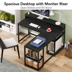 Malone 59 in. L-Shape Black Metal Particle Board Wood Top Corner Computer Desk with Monitor Stand Rotating Shelves by TRIBESIGNS WAY TO ORIGIN -Deals Glitzhome Store black tribesigns way to origin computer desks hd c0386 44 1000